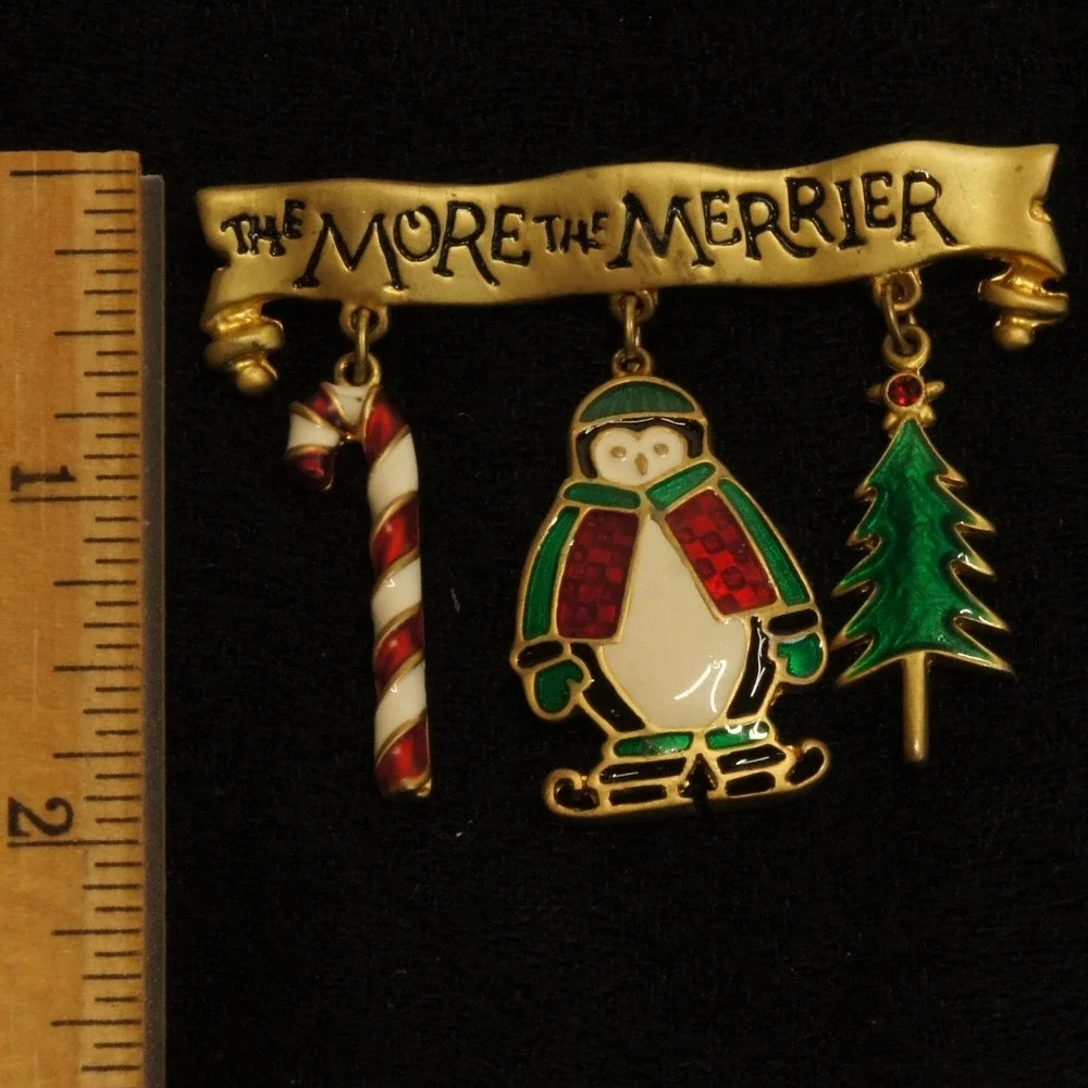 Vintage Christmas Brooch Penguin Dangle Pin The More The Merrier Candy Cane Tree